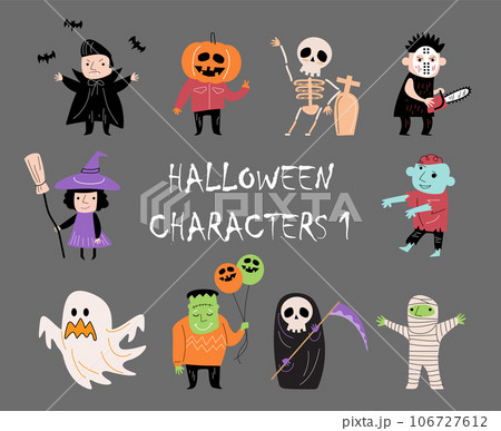 Doodle style halloween cartoon characters . Gray isolate background . Vector . Set 1 of 4 . 106727612