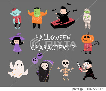 Doodle style halloween cartoon characters . Gray isolate background . Vector . Set 2 of 4 . 106727613