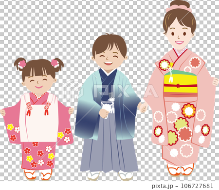 七五三の家族-02　和服の3人兄弟 106727681