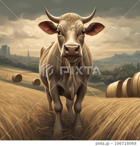 Cow, field and cattle portrait on grass, countryside. Farming, nature and livestock. 106728068