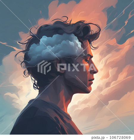 Depressed or mental illness. Head profile with storm cloud. Mindfulness and stress management in psychology. Anger, stressed and anxiety emotion concept. 106728069