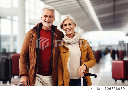 A happy middle-aged married couple stand hugging each other, in the building of the airport 106728070