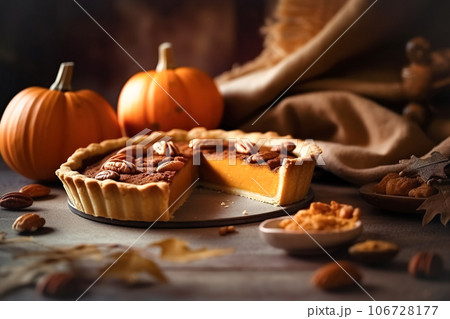 Festive homemade appetizing ripe pumpkin pie, pumpkin tart. Traditional fall baking, Thanksgiving Festive homemade appetizing ripe pumpkin pie, pumpkin tart. Traditional fall baking, Thanksgiving 106728177