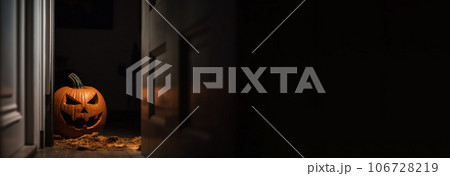 Halloween pumpkins in a spooky empty house, dark mysterious background. AI generated. Halloween pumpkins in a spooky empty house, dark mysterious background. AI generated. 106728219