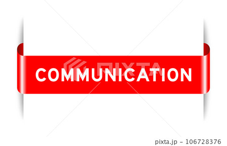 Red color inserted label banner with word communication on white background 106728376