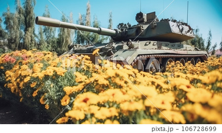 The concept of a world without war. Old vintage heavy military equipment in colored colors, sky background. 106728699