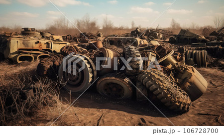 The concept of a world without war. Old vintage heavy military equipment in a landfill. The concept of a world without war. Old vintage heavy military equipment in a landfill. 106728700