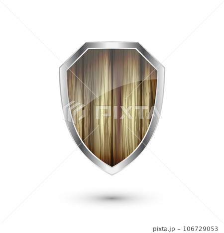 Wooden vintage shield icon. Black heraldic shield. Protection and security symbol, label. Vector illustration 106729053