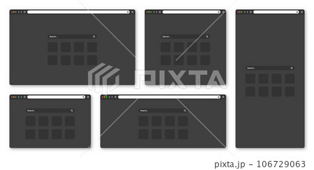 Blank web browser window with toolbar and search field. Modern website, internet page in flat style. Browser mockup for computer, tablet and smartphone. Adaptive UI, dark mode. Vector illustration Blank web browser window with toolbar and search field. Modern website, internet page in flat style. Browser mockup for computer, tablet and smartphone. Adaptive UI, dark mode. Vector illustration 106729063