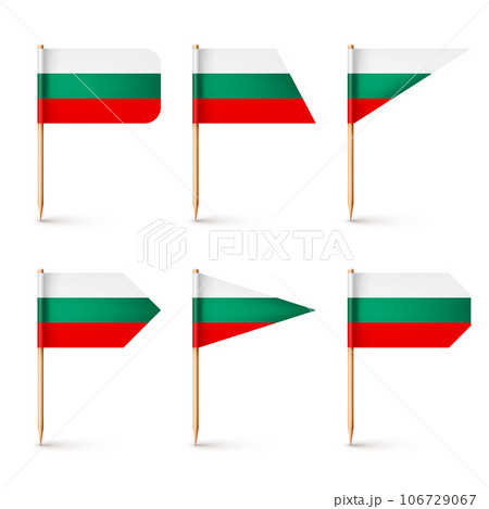 Bulgarian toothpick flags. Souvenir from Bulgaria. Wooden toothpicks with paper flag. Location mark, map pointer. Blank mockup for advertising and promotions. Vector illustration 106729067