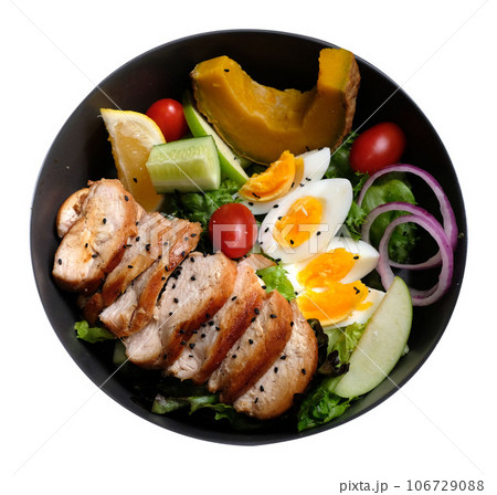 Grilled chicken breast salad with eggs, tomato, pumpkin, lettuce, cucumber and onion Grilled chicken breast salad with eggs, tomato, pumpkin, lettuce, cucumber and onion 106729088