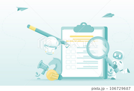 Artificial Intelligence (AI) technology and checklist concept. AI robot holding pencil to checking on clipboard. Daily task plans, note and checking. Flat vector design illustration. 106729687