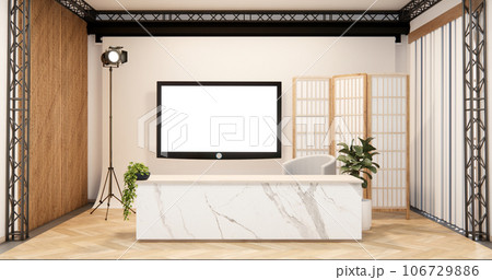 Studio room camera Modern Film Studio with blank white Screen. Studio room camera Modern Film Studio with blank white Screen. 106729886
