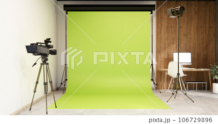 Studio room camera Modern Film Studio with blank white Screen. Studio room camera Modern Film Studio with blank white Screen. 106729896