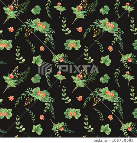 Seamless watercolor pattern with cloudberry leaves and berries, fern, green branches, yellow wildflowers. Botanical summer hand drawn illustration. Can be used for gift wrapping paper, kitchen textile Seamless watercolor pattern with cloudberry leaves and berries, fern, green branches, yellow wildflowers. Botanical summer hand drawn illustration. Can be used for gift wrapping paper, kitchen textile 106730093