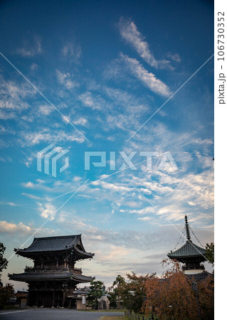 清凉寺の秋、飛行機雲の横切る秋空の下にたたずむ多宝塔と仁王門 106730352