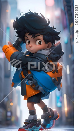 little kid with a backpack cartoon illustration  106730632