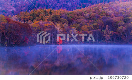 長野県戸隠村にある鏡池の紅葉と早朝に現れた朝霧の絶景 106730720