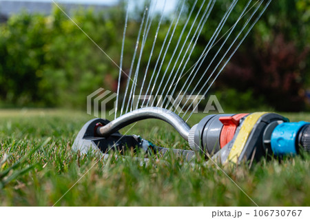 Automatic sprinkler system watering the lawn on a background of green grass. 106730767
