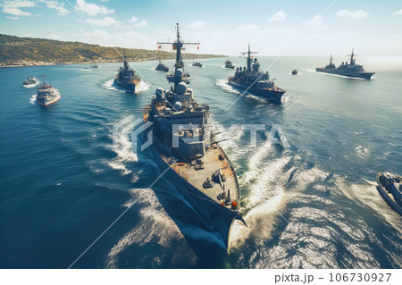 Modern military naval warships in open sea. Military naval exercises Modern military naval warships in open sea. Military naval exercises 106730927