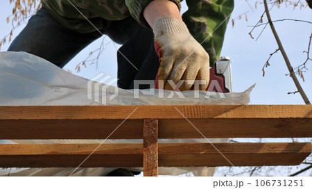 fixing plastic film on the wooden floors of the roof of a barn frame using a construction stapler, a construction gun in the gloved hands of a builder in the process of fastening polyethylene 106731251