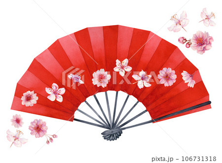 Watercolor illustration of a red open paper hand fan with cherry blossoms. Watercolor illustration of a red open paper hand fan with cherry blossoms. 106731318