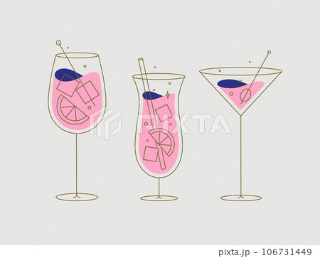 Cocktails glasses spritz pina colada cosmopolitan flat line beige 106731449