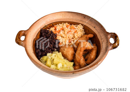 Mexican tradition dish Cazuela with fried chicken, beans rice and potato on white background side view 106731682