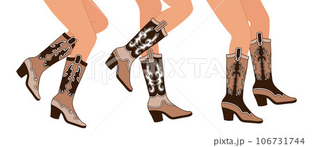 Set of legs in cowboy boots. Various cowgirl boots. Cowboy western theme, wild west, texas. Hand drawn color trendy illustration, vector 106731744