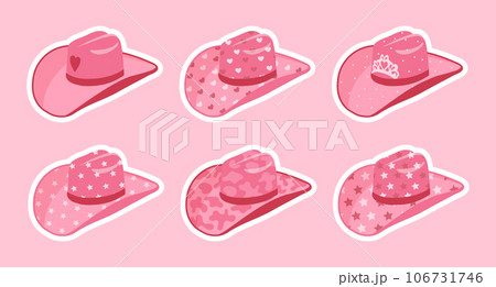 Set of stickers, pink cowgirl hats. Pink hats with hearts, stars, crown. Icons for kids. Vector 106731746
