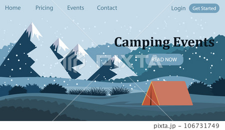 Camping events. Tourist tent against the backdrop of a mountain landscape. Banner, template, landing page. Illustration, vector 106731749