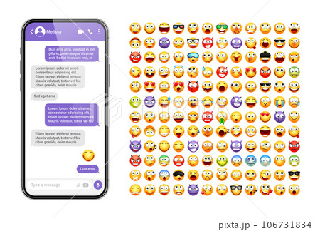 Smartphone messaging app, user interface design with emoji. SMS text frame. Chat screen with violet message bubbles. Texting app for communication. Social media application. Vector illustration Smartphone messaging app, user interface design with emoji. SMS text frame. Chat screen with violet message bubbles. Texting app for communication. Social media application. Vector illustration 106731834