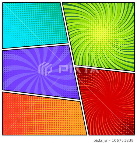 Colorful twisted comic book radial rays, lines. Comics background with motion, speed lines. Pop art style elements. Vector illustration 106731839