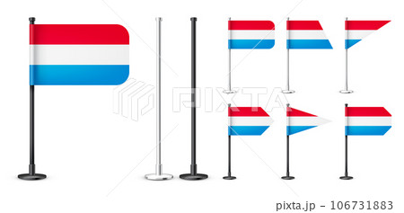 Luxembourgish table flags on a black steel pole. Souvenir from Luxembourg. Desk flag made of paper or fabric, shiny metal stand. Mockup for promotion and advertising. Vector illustration Luxembourgish table flags on a black steel pole. Souvenir from Luxembourg. Desk flag made of paper or fabric, shiny metal stand. Mockup for promotion and advertising. Vector illustration 106731883