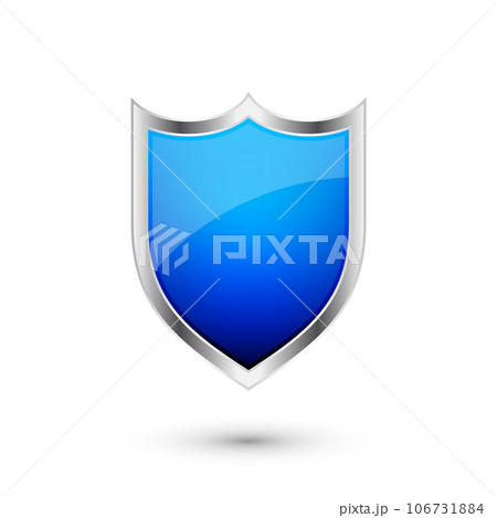 Vintage heraldic 3d shield icon with shiny metal frame. Blue protection, security and defence symbol. Medieval design element. Vector illustration 106731884