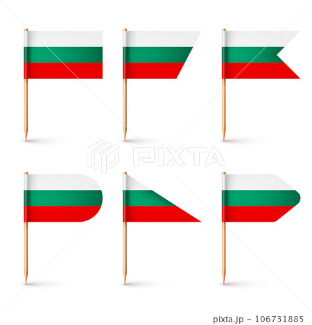 Bulgarian toothpick flags. Souvenir from Bulgaria. Wooden toothpicks with paper flag. Location mark, map pointer. Blank mockup for advertising and promotions. Vector illustration 106731885