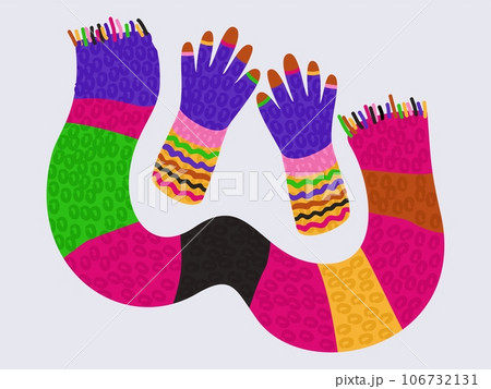 Warm knitted colorful scarf and mittens. Winter outfit. Vector isolated illustration. 106732131