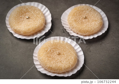 Portuguese marzipan delicacy in Morgadinhos. Gourmet sweets from the Algarve Portugal on a marble background close-up. 106732244