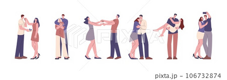 Different couples in love. Isolated man woman kissing and cuddling, hugging. Cute lovers on dating, sweet romantic relationship kicky vector set Different couples in love. Isolated man woman kissing and cuddling, hugging. Cute lovers on dating, sweet romantic relationship kicky vector set 106732874