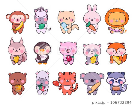 Cute tiny animals with food. Funny tiny animal, asian graphic art zoo characters. Childish stickers, fruits and vegetables, sweets nowaday vector set 106732894