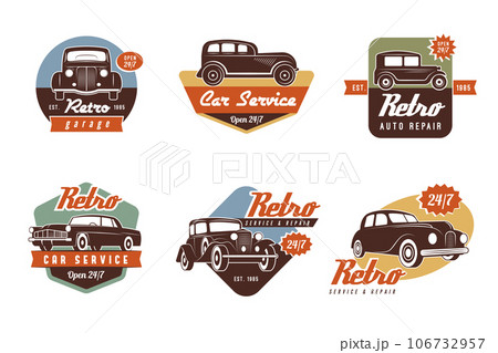 Car repair badges. Classic labels auto wash and repair recent vector cartoon template with place for text 106732957