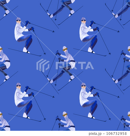Watercolor seamless patern with skiers. Winter textile. Sport costume. Wrapping paper for ski resort souvenirs. Blue background 106732958