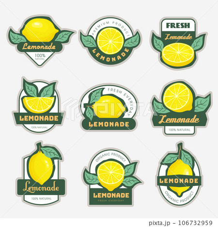 Lemonade labels. Badges design for fresh drinks with lime and lemon package sticky labels template recent vector set with place for text Lemonade labels. Badges design for fresh drinks with lime and lemon package sticky labels template recent vector set with place for text 106732959