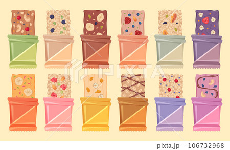 Fitness bars. Appetizers products top view bars with fruits and nuts exact vector cartoon set 106732968