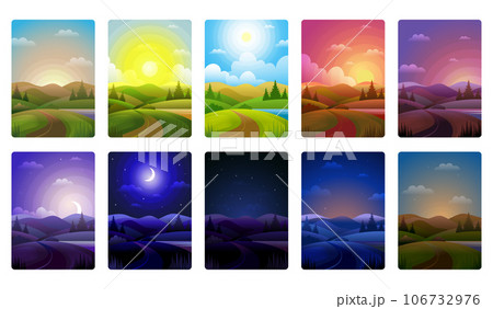 Day parts. Background of noon morning day and night recent vector cartoon landscape with weather horizon 106732976