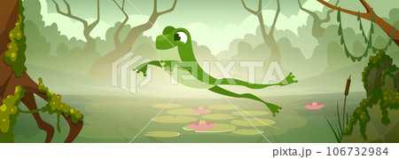 Cartoon frog background. Wild animal in lake exact vector frog jumping 106732984