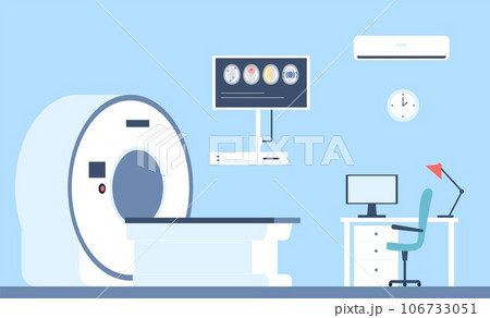 Mri clinic interior. Magnetic resonance imaging in hospital, scan brain or full body medical equipment. Healthcare vector background 106733051