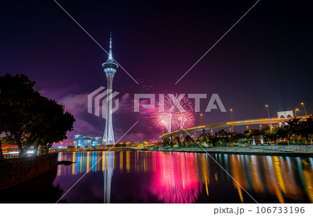 Night view of the Macau Tower with New Year fireworks 106733196