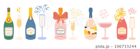 Set of Champagne Bottles, Sparkling Wine, Effervesces With Celebration. It Fills A Wineglass, Vector Illustration Set of Champagne Bottles, Sparkling Wine, Effervesces With Celebration. It Fills A Wineglass, Vector Illustration 106733244