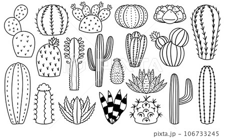 Linear Cacti Icons, Isolated Monochrome Minimalist Representations Of Cactus Plants In A Sleek, Line Art Style Linear Cacti Icons, Isolated Monochrome Minimalist Representations Of Cactus Plants In A Sleek, Line Art Style 106733245